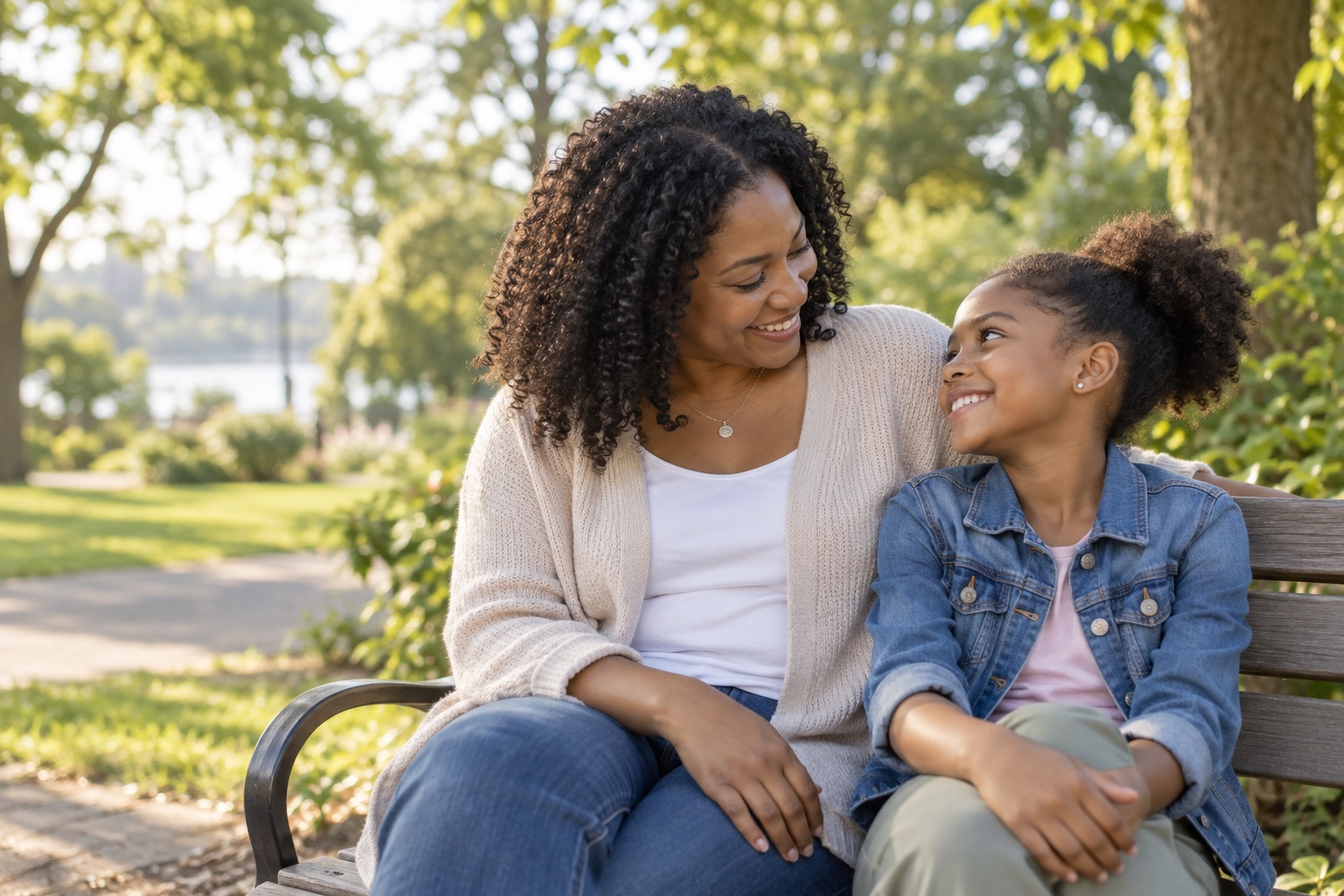 A parent and child sharing a relaxed moment outdoors